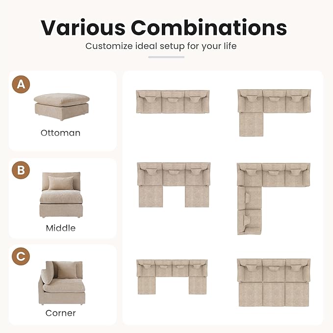 WJShome Cloud Couch Modular Sectional Sofa for Living Room, Down Filled 160" U Shaped Couch with Ottoman,Modern 6 Seater Convertible Couches,All Covers Washable&Replaceable