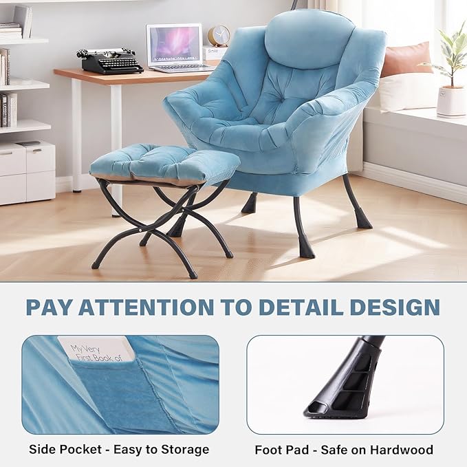 Tiita Lazy Chair with Ottoman, Blue Chiars Modern Large Accent Lounge Armchair, Comfy Leisure Sofa Reading Chair with Footrest for Bedroom, Living Room, Dorm Rooms, Garden, Velvet Light Blue
