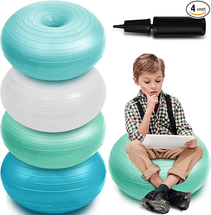 Lewtemi 4 Pcs Flexible Seating for Classroom Elementary 20 Inch Yoga Ball Chair Inflatable Donut Ball Chair with Inflator for Kids Student Sensory Balance Office Exercise