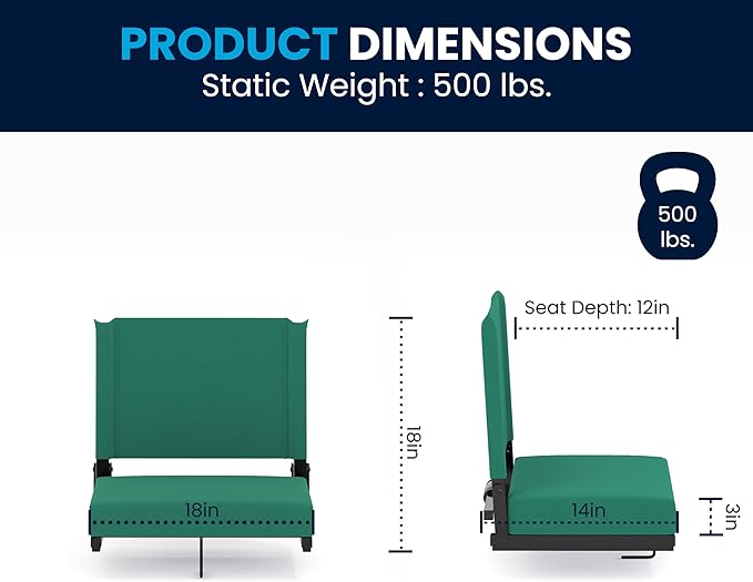 Flash Furniture Grandstand Portable Stadium Seats for Bleachers or Benches, Folding Padded Stadium Chairs with Handle, Pack of 2, 500 lb. Weight Capacity, Hunter Green