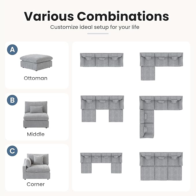 WJShome 160" Cloud Couch Modular Sectional for Living Room, Down Filled U Shaped Couch with Ottoman,Modern 6 Seater Convertible Couches, Sofa Covers Washable&Replaceable,Gray