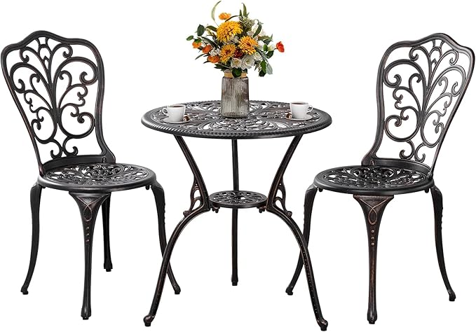 Withniture 3 Piece Outdoor Bistro Set All Weather Patio Table and Chairs Set, Cast Aluminum Patio Bistro Sets with 1.97” Umbrella Hole, Metal Patio Furniture Set for Front Porch Garden, Bronze