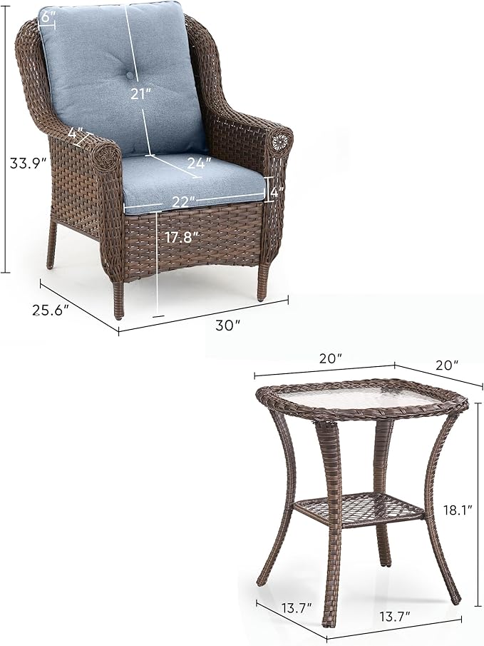 ACTREST 3 Piece Patio Brown Wicker Chairs with Side Table - Outdoor High Back Heavy Duty All-Weather Lawn Dining Rattan Chair Conversation Bistro Set for Deck Porch Balcony Backyard Garden - Baby Blue