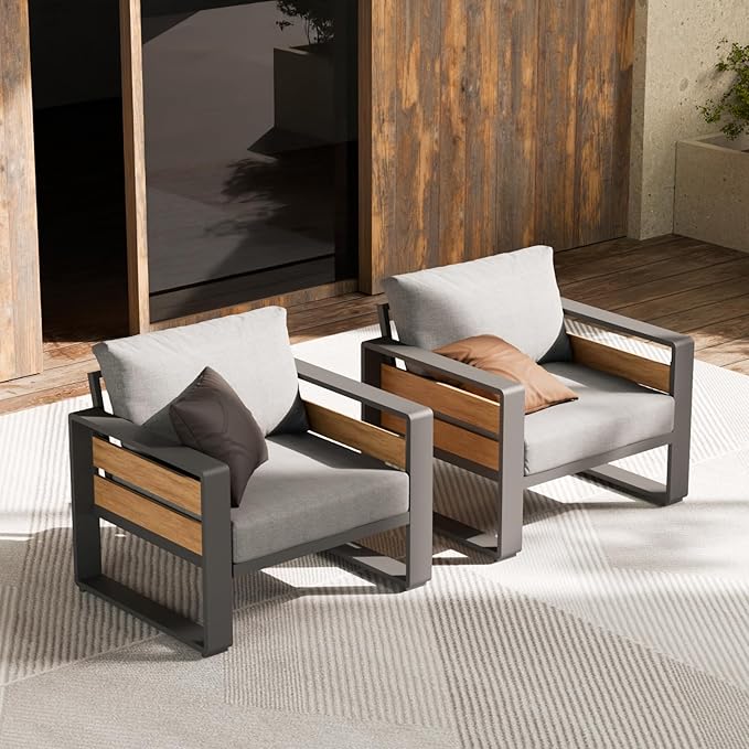 ZANDOR Aluminum Outdoor Patio Furniture - 2 Pcs Armchair, All-Weather Metal Modern Outside Furniture with Washable Thick Cushion for Garden/Backyard/Porch, Grey
