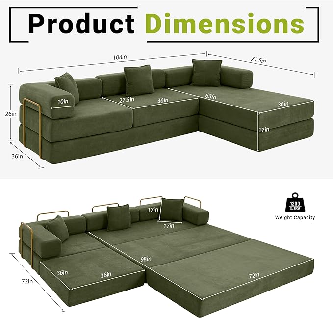 108" Convertible Sleeper Sofa Bed, Corduroy Folding Sofa Bed with Fixed-Shape Frame, Fold Out Floor Mattress Couch, Lazy Compression Sofas for Living Room, Bedroom, No Assembly Required,Green
