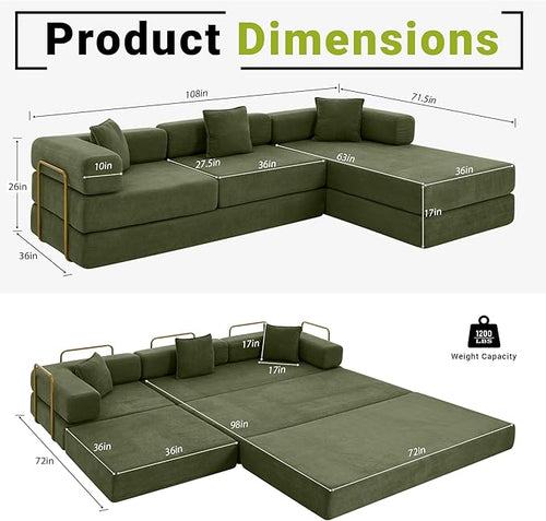 108" Convertible Sleeper Sofa Bed, Corduroy Folding Sofa Bed with Fixed-Shape Frame, Fold Out Floor Mattress Couch, Lazy Compression Sofas for Living Room, Bedroom, No Assembly Required,Green