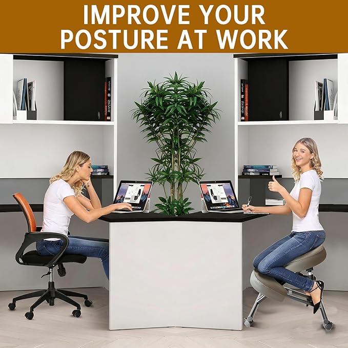 PU Leather Ergonomic Kneeling Chair, Adjustable Home and Office Stool with Thick Pads and Flexible Lockable Brake Wheels for Back Pain Relief（Dark Brown）