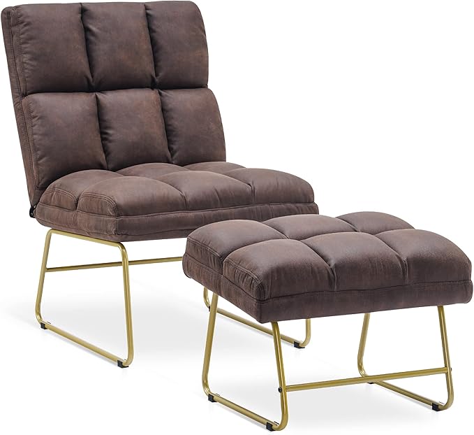 MCombo Accent Chair with Ottoman Set, Modern Armless Chair for Living Room, Bedroom, Small Space 4013 (Heat-Stamped Fabric, Dark Brown)