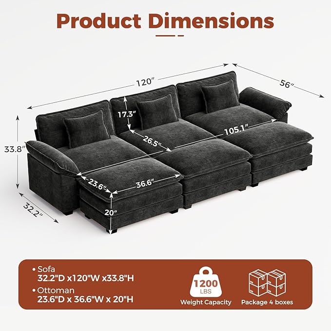 CDCASA 120" Oversized Modular Sectional Sofa Bed, Comfy Cloud Couch w/ 3 Movable Ottoman, 6-Seater Chenille Deep Seat Sofa Bed Modern Sofa Couch for Living Room, DIY Combination, Black