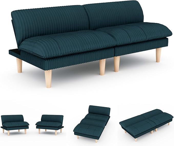 2 Sets 69" Futon Sofa Bed, 4 in 1 Multi-Function Couch Sleeper with Adjustable Backrest, Modern Convertible Futon, Recliner Small Loveseat for Living Room, Plush Blue