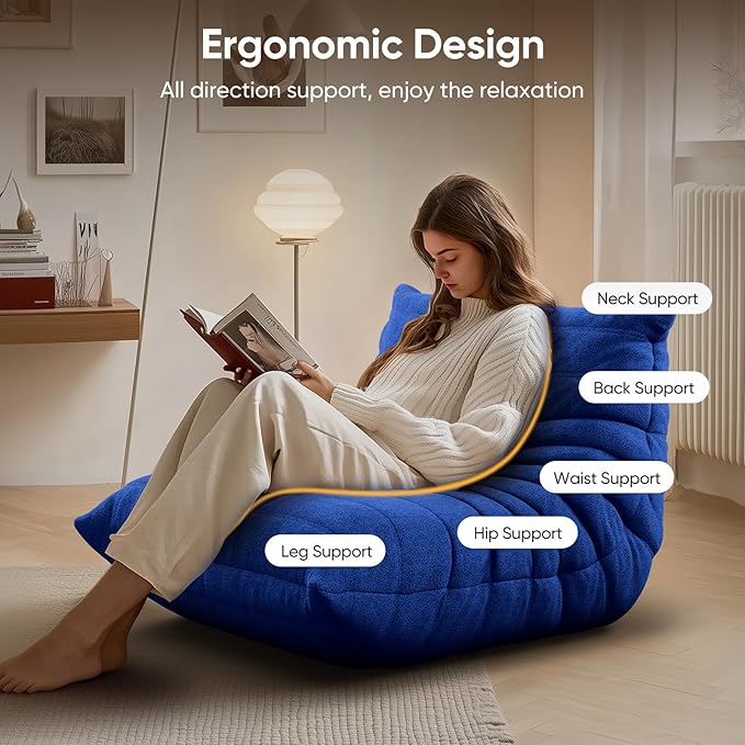 cebihy Premium Quality Fireside Togo Sofa Bean Bags Chair for Adults Giant BeanBag Chairs Floor Couch for Living Room Bedroom Dorm Office, Compression Togo Couch, No Assembly Required, Bright Blue
