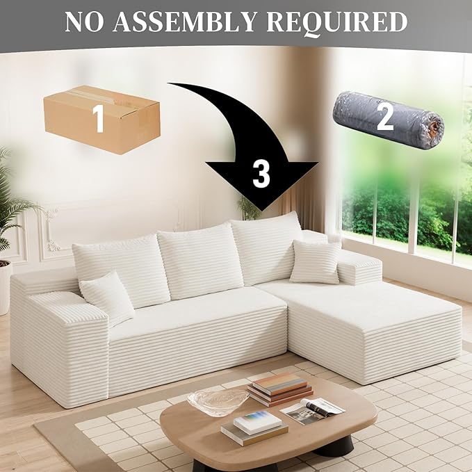 HYJT-H&K Modular Sectional Sofa Cloud Sectional Couch, 107" Comfy Fluffy L Shaped White Couches for Living Room Deep Seat Memory Foam Plush Corduroy Boneless Couch Sectionals Right Facing Chaise Sofa