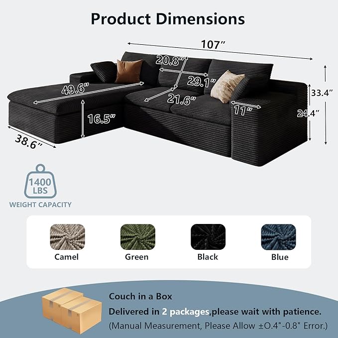 107" Cloud Sectional Couch with L-Shape Chaise, Modern Corduroy Viral Boneless Sofa for Living Room,Memory Foam Couches in a Box with Deep Seat,No Assembly Required (Black,Left-Facing Chaise)
