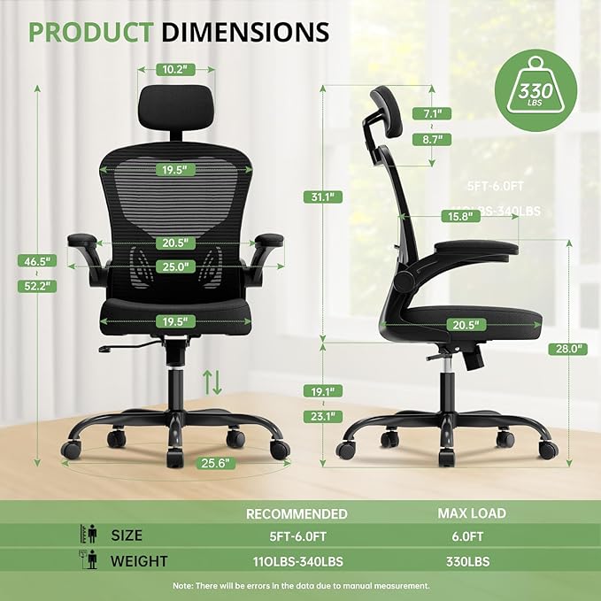 Office Chair Ergonomic Desk Chair, 330LBS Capacity, High Back Computer Chair for Long Hours Comfortable, Rolling Swivel Executive Task Chair for Home Office with Flip-up Armrests, Black