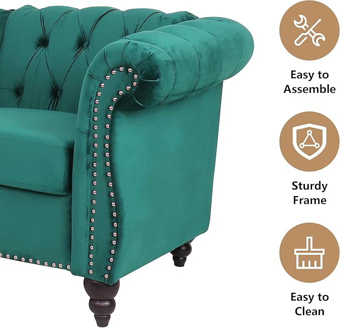 QHITTY Accent Sofa, Chesterfield Loveseat Modern Velvet Couch Upholstered Sofa with Tufted Back for Living Room Furniture (Green)