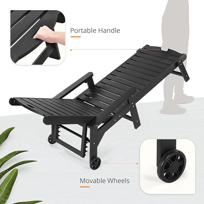 LUE BONA Chaise Lounge Chair with Table, 6-Piece, HDPS Chaise Lounger, 5 Positions Adjustable Lounge Chairs, Pool Lounge Chair with Wheels for Poolside, Backyard, Black