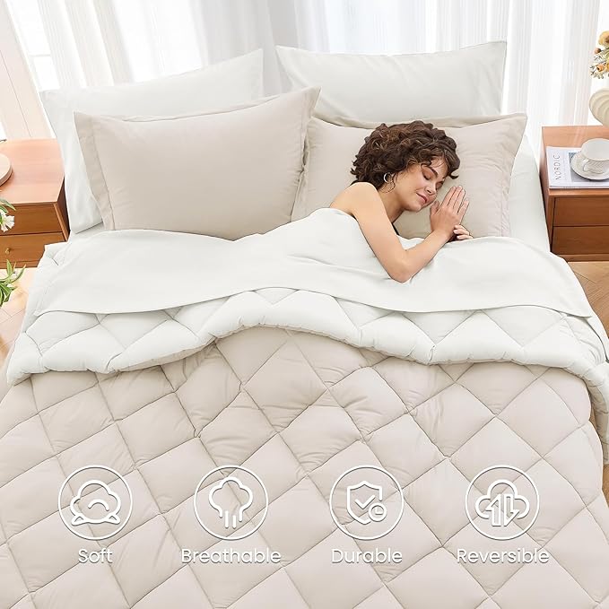 MUXHOMO 5 Pieces Twin Comforter Set, Reversible Bed in a Bag Twin Size, All Season Bedding Set with Comforter, Flat Sheet, Fitted Sheet, Pillowcases & Shams, Beige & White