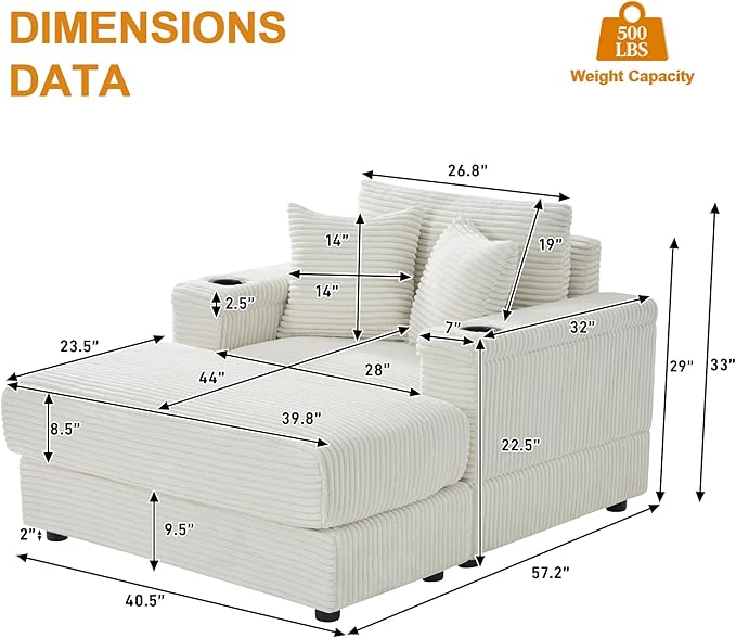 DAMAIFROM Oversized Chaise Lounge Chair Indoor with USB, Cup Holder & Ottoman, Firm Solid Wood Frame with Long Service Life Corduroy Oversized Lounge Reading Chair for Study Room - Beige White