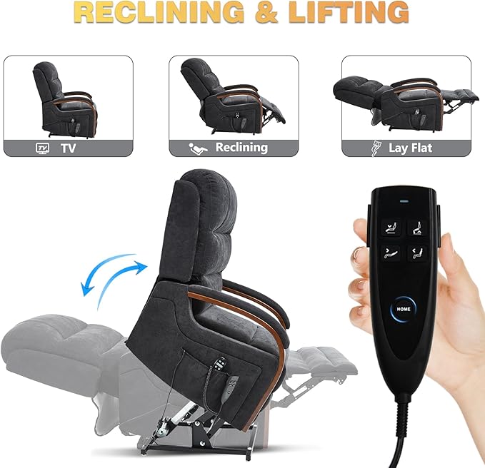 Dual Motor Power Lift Recliner Chair, Lift Chair with Massage and Heat for Elderly, Lay Flat Recliner, Standing Assistance, Infinite Position Reclining, Living Room Chair, Chenille, Black