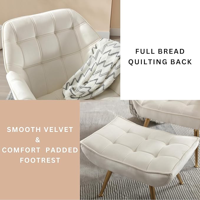 Accent Chair with Ottoman, Upholstered Velvet Armchair with Wood Legs Fluffy Armchair Side Chair Sofa Chair Reading Chair Living Room Chair with Footstool for Bedroom Apartment, Cream