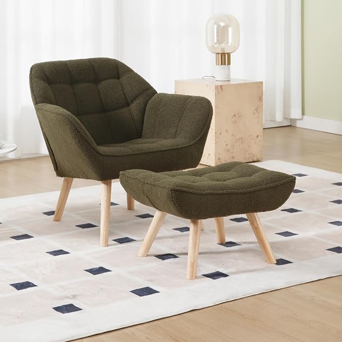 QUINJAY Modern Sherpa Accent Chair with Ottoman, Fluffy Upholstered Lounge Chair with Footrest, Comfy Living Room Side Boucle Armchair for Small Space Bedroom Apartment, Green