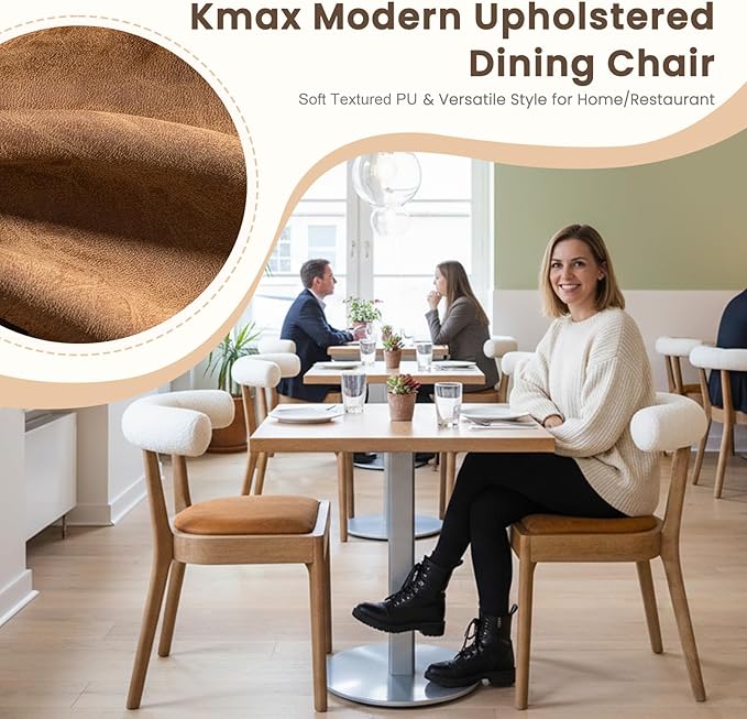 Kmax Dining Room Chairs, Mid-Century Modern Leather Kitchen Chairs with Natural Walnut Finished Frame, Fur White Curved Back, Set of 4, PU Brown