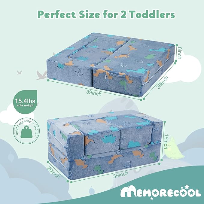 MeMoreCool Modular Kids Couch Dinosaur, Glow Dino Play Toddler Couch for Bedroom, Convertible Foam Kids Sofa Bed, Fold Out Baby Sofa for Girl Boy