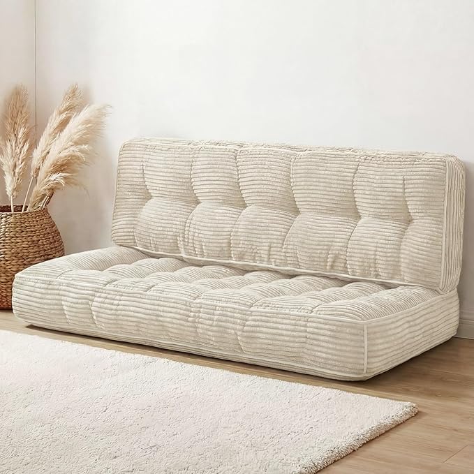 Vercraft 63 Inch Folding Bench Cushion, 4 Inch Thick 2-in-1 Convertible Long Floor Lounger Boneless Cushions Couch Mattress Upholstered for Yoga, Reading, Sleeping, Meditation Living Room(Beige)