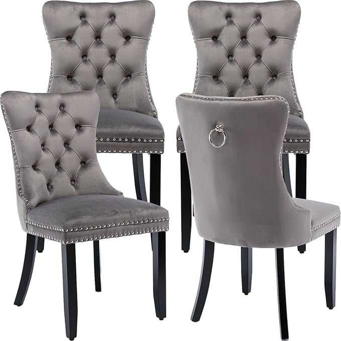 YeahFurn Grey Mid Century Modern Dining Chairs Set of 4, Velvet Upholstered Kitchen & Dining Room Chairs with Nailhead Trim & Solid Wood Legs, Elegant Sillas De Comedor (Grey, 4 Pcs)