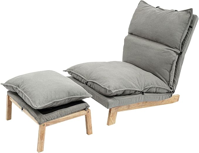 Single Lazy Leisure Chair, Adjustable Recliner Balcony Reclining Japanese Tatami Chair with Ottoman, Floor Seating Lounge Chair with Backrest and Footrest, Upholstered Chair for Living Bedroom (Grey)