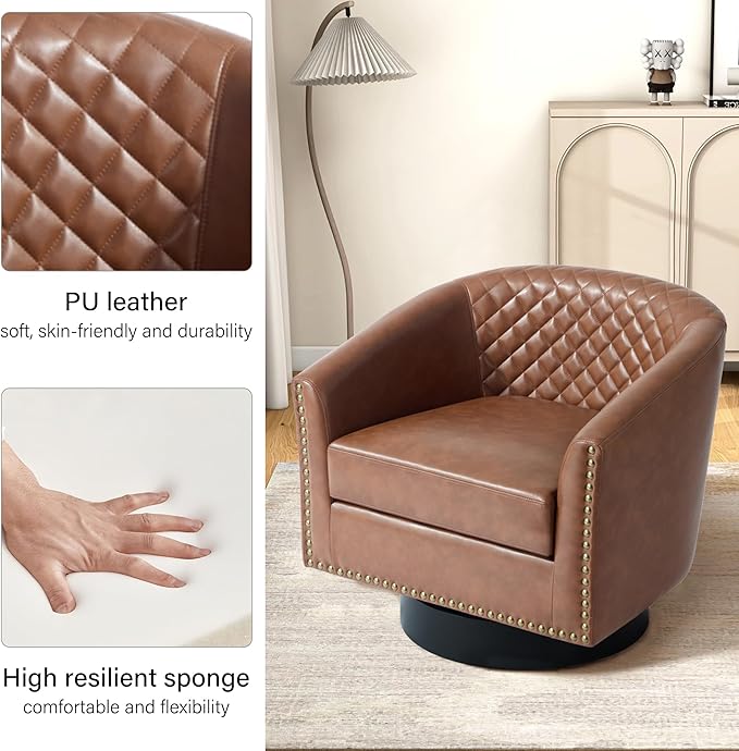 DREAMSIDEA Swivel Barrel Accent Chair, Comfy Modern Upholstered Round Faux Leather Arm Chair for Living Room, Bedroom（Brown, Set of 2