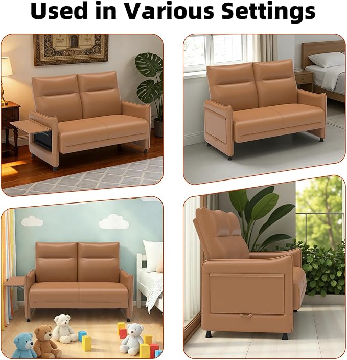 Faux Leather Loveseat, Upholstered Loveseat with Hidden Foldable Tray & Side Pocket, Front Contour Arm Design, Modern 2-Seater Sofa Couch for Compact Spaces, Brown