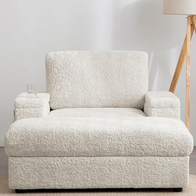 Merax Oversized Chaise Lounge Chair Indoor with Storage Armrest & Ottoman, Cup Holders, Cloud Upholstered Sleeper Sofa Bed Couch, Deep Seat Reading Recliner for Living Room Bedroom, Beige