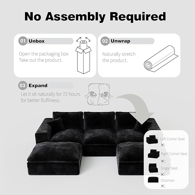 ZIGHTH 108" Plush Corduroy L Shaped Sectional Cloud Sofa Couch with Ottoman, Soft Deep Seat Modular Sectional Couches for Living Room,No Assembly. Black