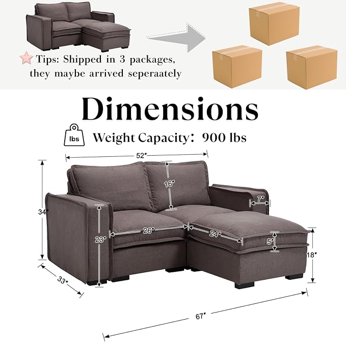 HEAY-YO 67 Inches Modern Modular Sectional Sofa,L Shape 2-Seater Comfy Couch with Moveable Ottoman,Floor Loveseat Sofa for Living Room Bedroom Apartment,Linen Grey