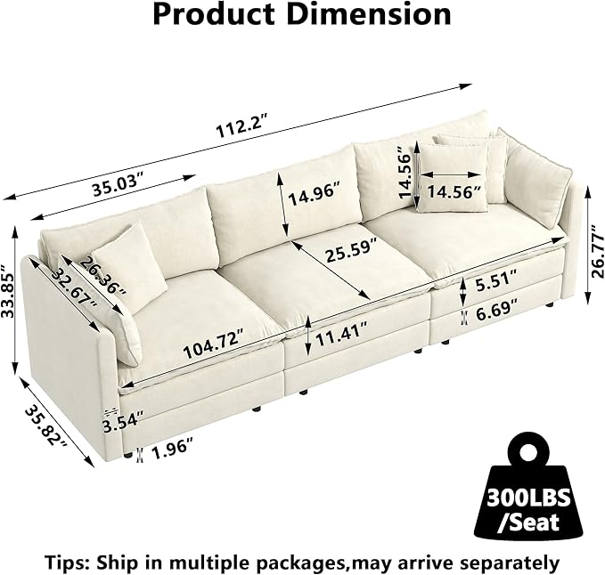 Aoowow Modular Sectional Sofa,112.2 Inch Modern Deep 3-Seater Sofas Comfy Chenille Cloud Sofas and Couches with Pillows for Living Room Apartment（Beige）