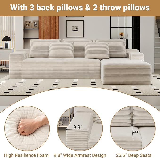 KAPEETOO Modular Sectional Sofa Cloud Couch for Living Room, Right L Shaped Boneless Couch with Chaise Longue, Oversize 3-Seater Sectional Sleeper Sofa Set with Deep Seat Bedroom (White)