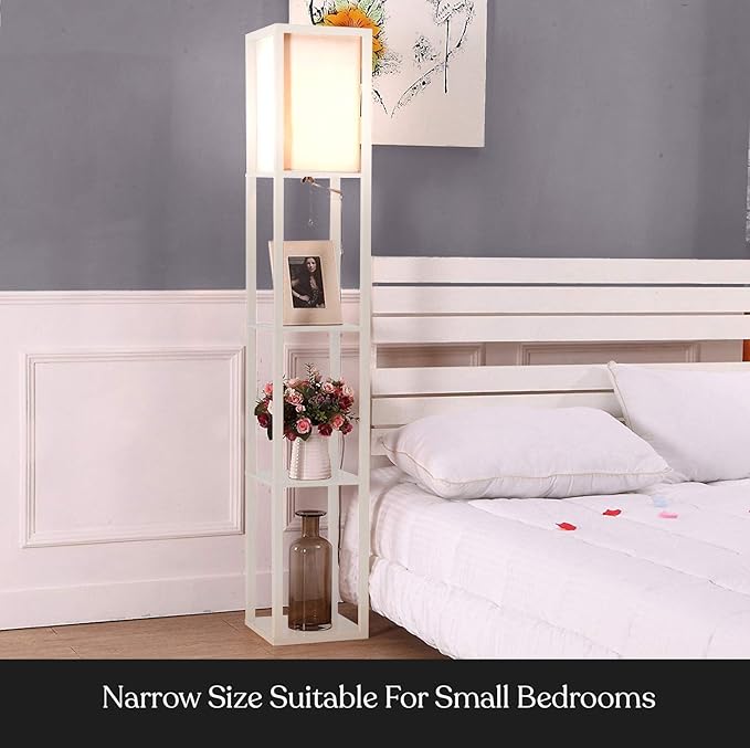 Brightech Maxwell - Modern Shelf Floor Lamp with Lamp Shade and LED Bulb - Corner Display Floor Lamps with Shelves for Living Room, Bedroom and Office - White