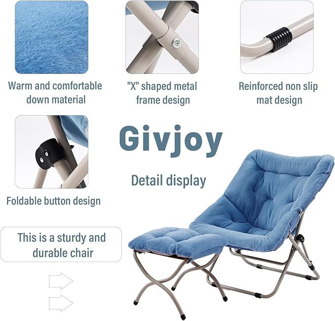 Givjoy Comfy Folded Chair with Ottoman, Oversized Folding Faux Fur Chair Soft Furry Lounge Lazy Chair with Metal Frame Moon Chair Accent Chair for Bedroom, Living Room, Dorm Rooms