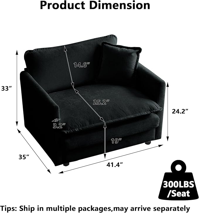 Aoowow Single Deep Seat Sofa Comfy Chenille Couch,Modern Upholstered Accent Armchair with Pillow for Living Room Bedroom Apartment(Black)