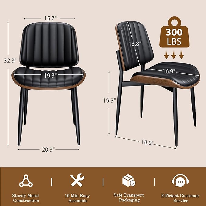 Dining Chairs Set of 6, Mid-Century Modern Upholstered PU Leather Chairs with Walnut Bentwood Back and Metal Legs Adjustable Feet for Kitchen Dining Living Room, Dark Black Vertical Stripes