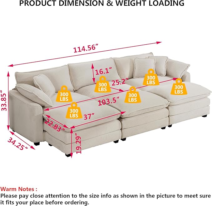 Aoowow Corduroy 3 Seater Sleeper Couch with Ottomans,Large Cloud Couches for Living Room,Tufted Modular Sectional Cloud Sofas Deep Seat,Oversized Chaise Lounge Sofa (Beige, 3 Seater + 3 Ottoman)