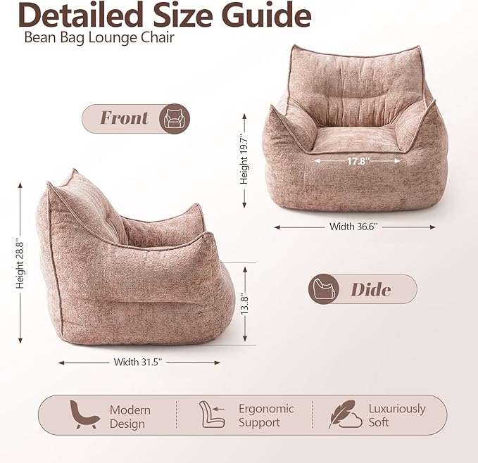 GLCS Bean Bag Chair for Adults,Comfy Reading Chair with Back Cushion,Bean Bag Chairs for Kids,Cozy Chair for Bedroom,Living Room, Apartment