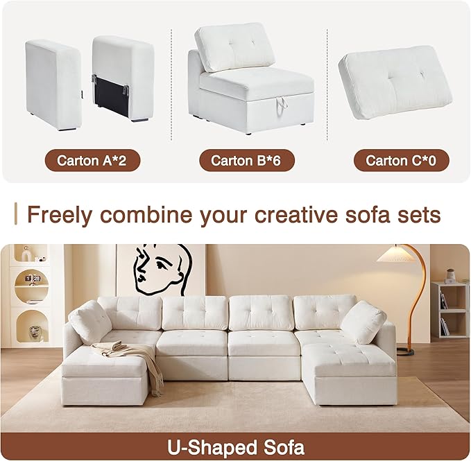 ORRD Oversize Modular Sectional Couch, Convertible U Shaped Sofa with Storage, 6 Seater Sofa Modular with Ottomans and Reversible Chaise for Living Room, Office (Beige White)
