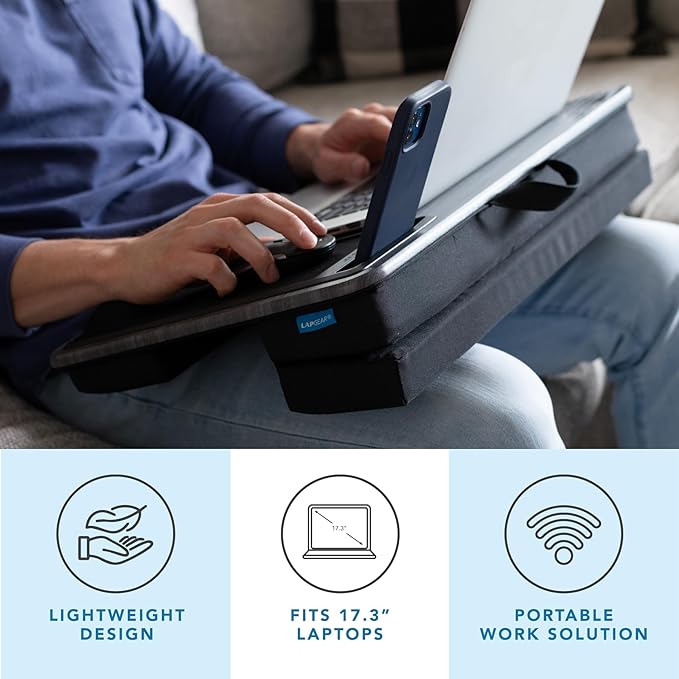 LAPGEAR Extra Large Adjustable Lap Desk – Fits Laptops up to 17.3”, Adjustable Cushion, Memory Foam Wrist Rest, Mouse Pad, Device Ledge, & Phone Slot – White Marble - Style No. 88101
