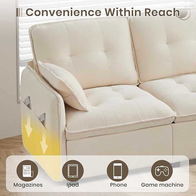 PALLOME 96" Modular L-Shaped Sofa - 3-Seat Cloud Couch with Movable Ottoman, Extra Deep Seat Sofa Couch with Throw Pillows for Living Room & Small Spaces (Beige, 3-Seat + Ottoman)