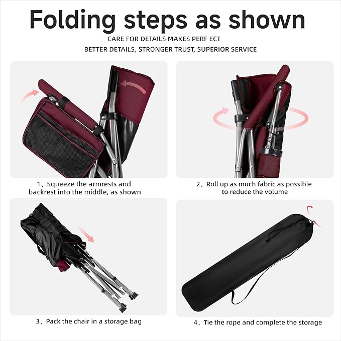 Folding Camping Chair with Cup Holder and Storage Bag, Heavy Duty Support 400 LBS, Oversized Collapsible Portable Camping Chair for Outdoor Camp, Picnic, Travel, Fishing Rose Red