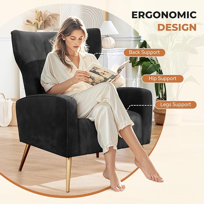Nalupatio Modern Accent Chairs for Set of 4 Upholstered Velvet Fabric Reading Chair Mid Century Arm Chair Comfy Armchair for Living Room,Black