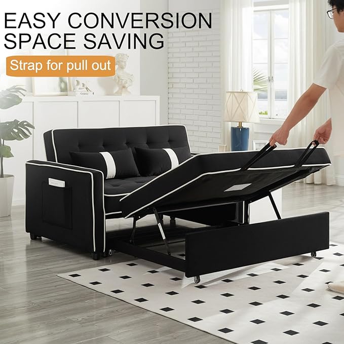 3 in 1 Convertible Loveseat Sleeper Sofa, Modern Futon Couch with Adjustable Backrest, Pull Out Sofa Bed Upholstered for Living Room Bedroom Apartment Small Space (Black)