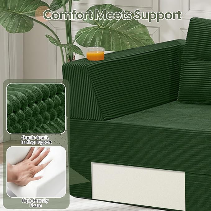 COMAX Futon Sofa Bed 3 Seater, 106" Convertible Sofa Bed Couches for Living Room, 4 in 1 Folding Boneless Sleeper Corduroy Couch Foam in a Box, Comfy Foldable Lounge Fold Out Floor Mattress, Green